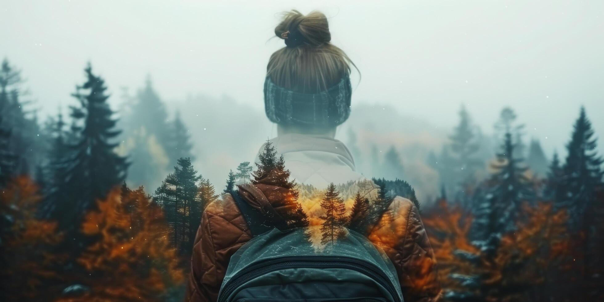 Evening wanderer gazes at misty forest landscape with autumn colors and serene lake photo