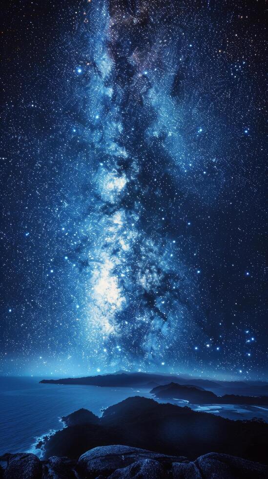 Starlit night over a calm sea reflecting the Milky Way in clear twilight skies photo