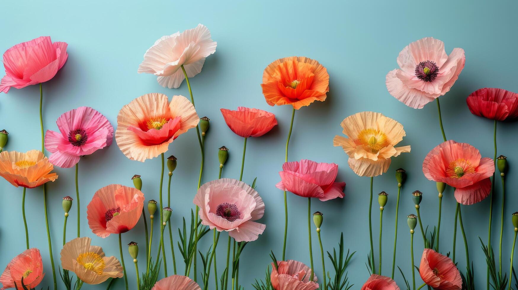 Vibrant pink and coral poppies lined against a soft blue background in a spring arrangement photo