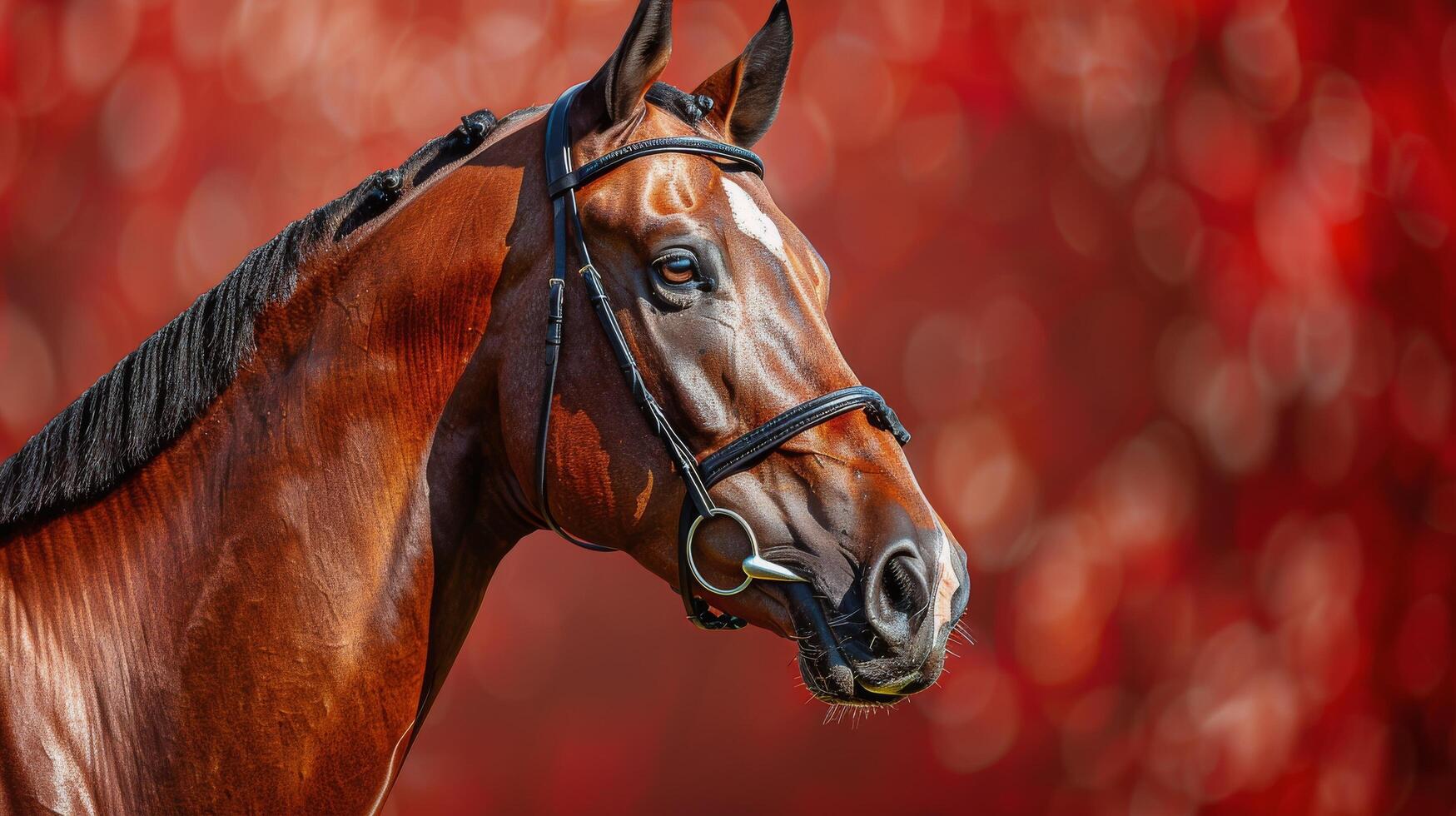 A stunning chestnut horse stands majestically against a blurred red backdrop in autumn photo