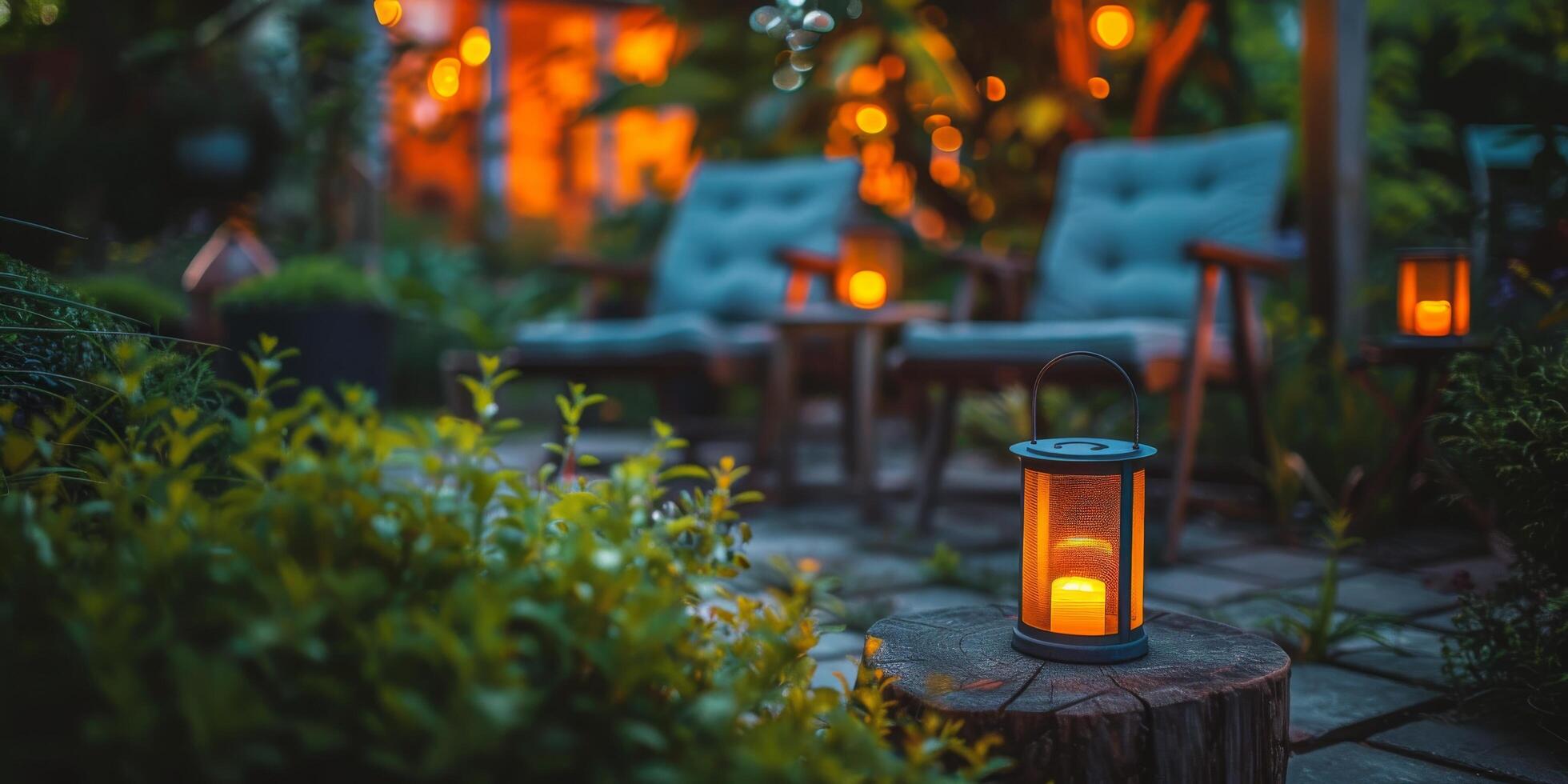 Cozy evening garden gathering with lanterns and string lights near soft seating photo