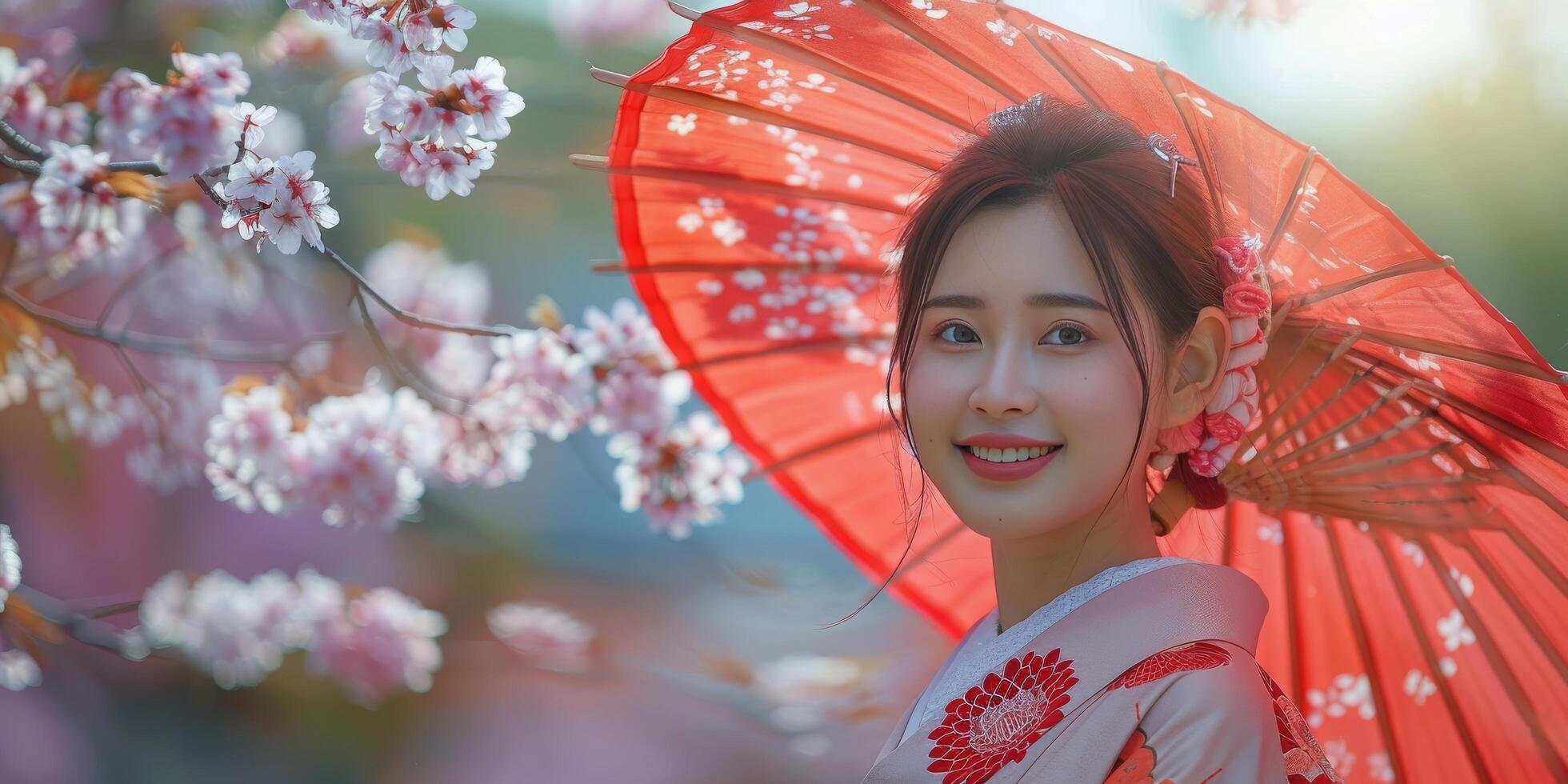 Young woman in traditional attire holding a pink parasol under cherry blossoms in springtime photo