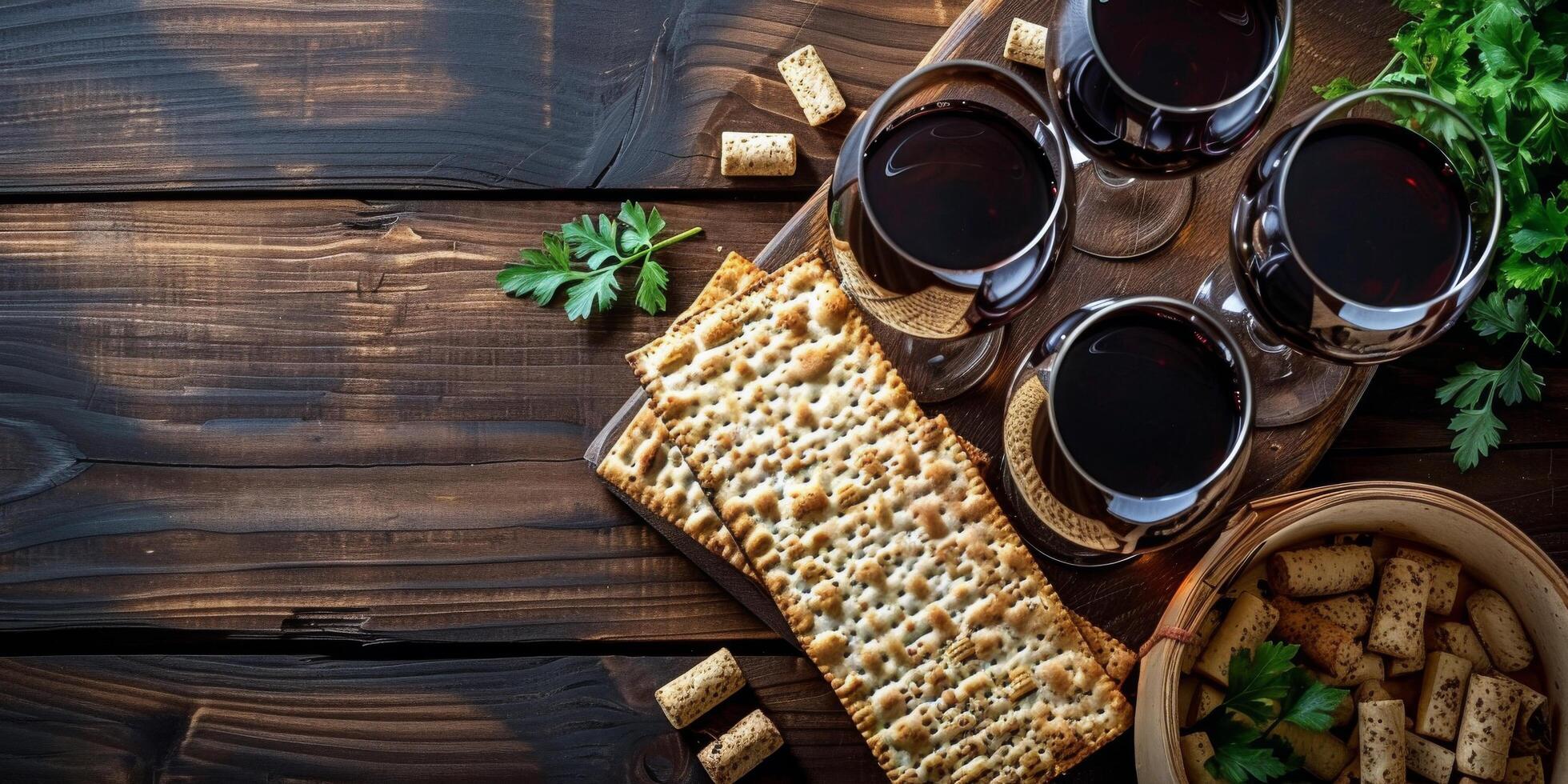 Delicious assortment of crackers and toppings on rustic wooden table photo