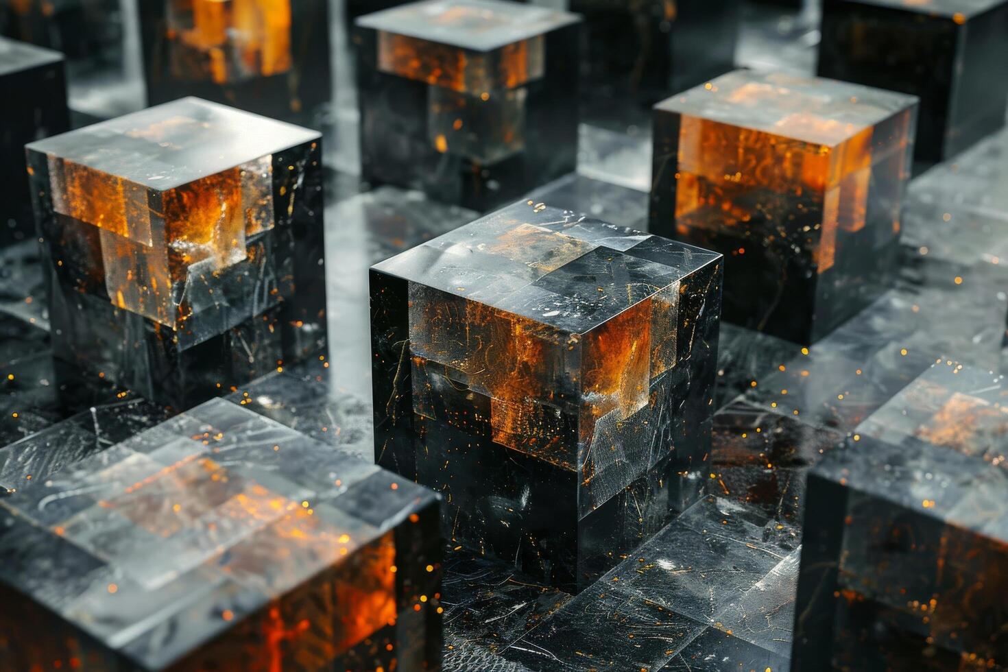 Abstract arrangement of glowing cubes in a dark, reflective environment with luminous elements photo