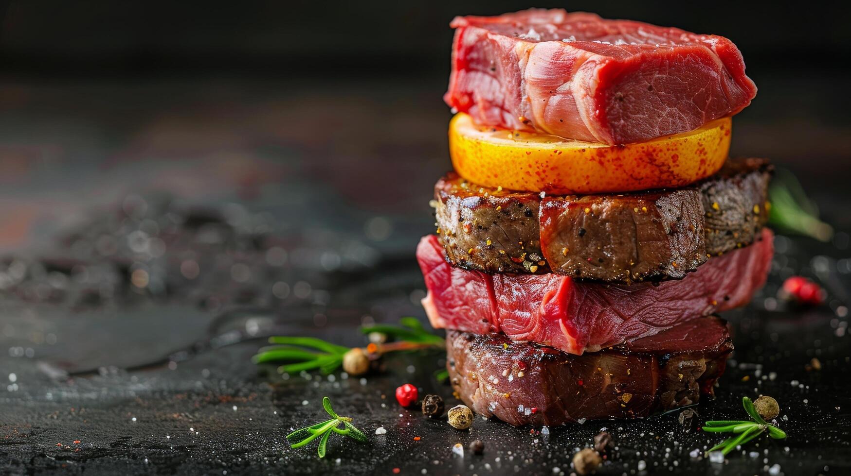 Juicy cuts of meat stacked with slices of citrus on a dark background ready for grilling photo