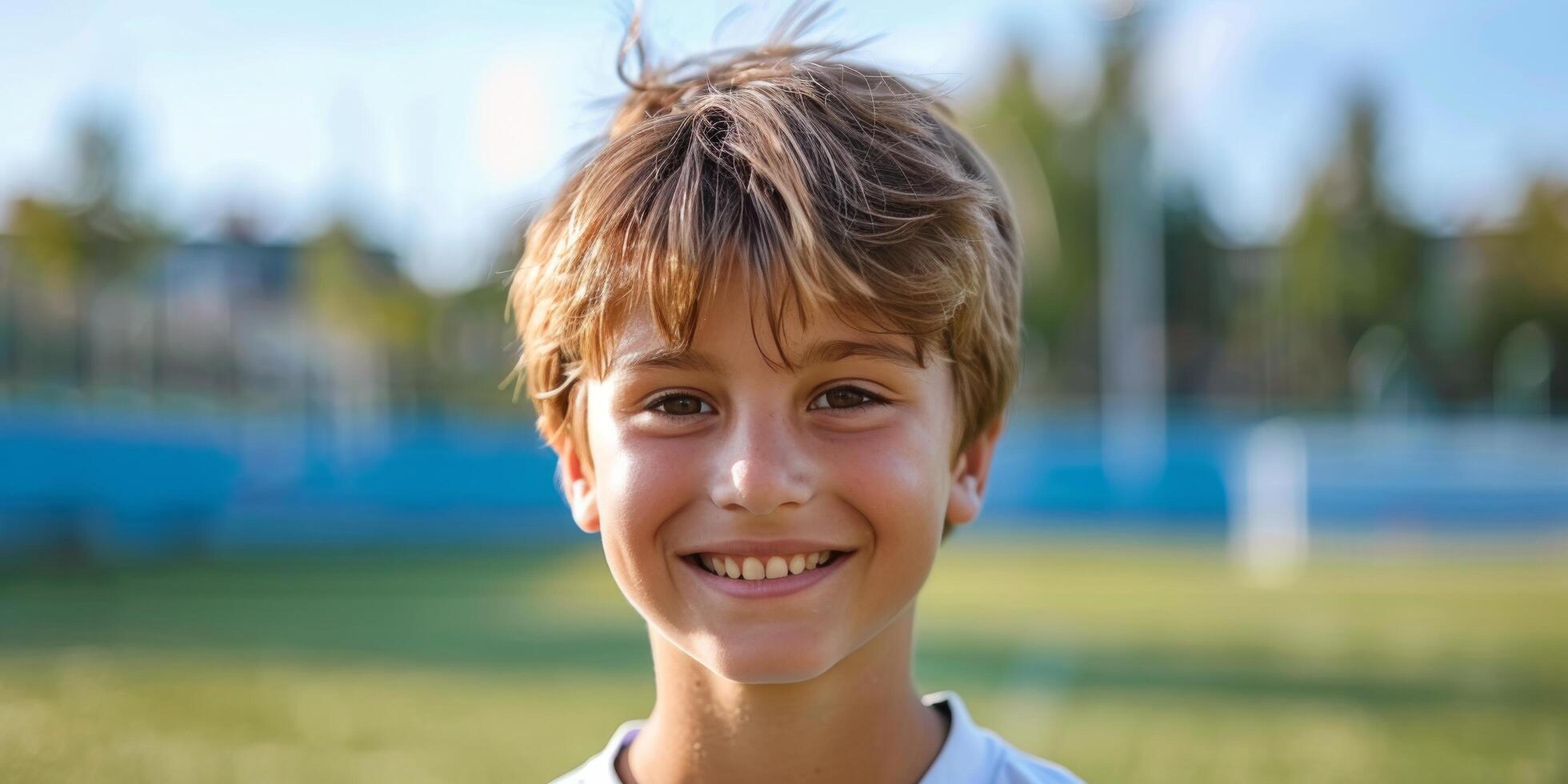 Young boy smiles brightly on a soccer field during a sunny afternoon practice session photo