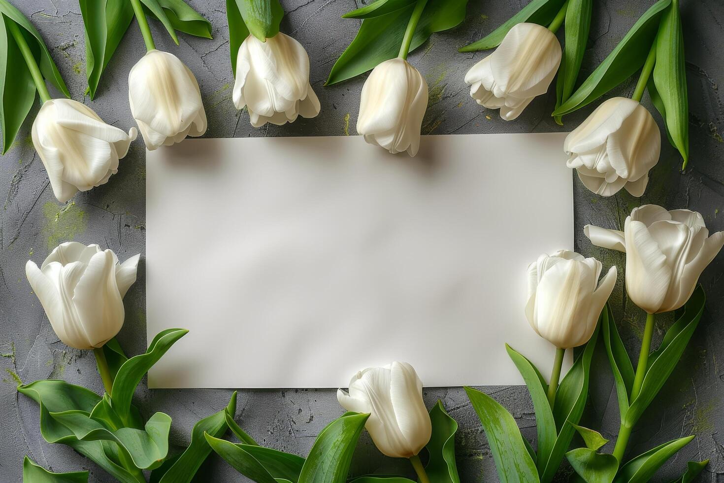 White tulips arranged around a blank card on a wooden table for personal messages and notes photo