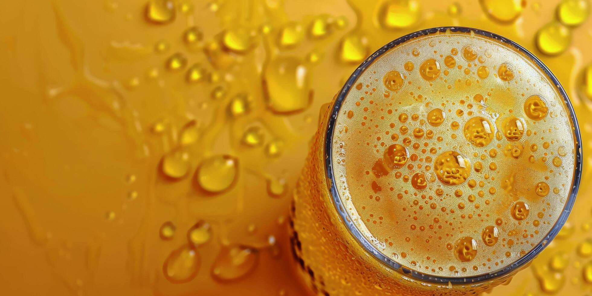 A refreshing glass of beer with bubbles against a vibrant orange background photo