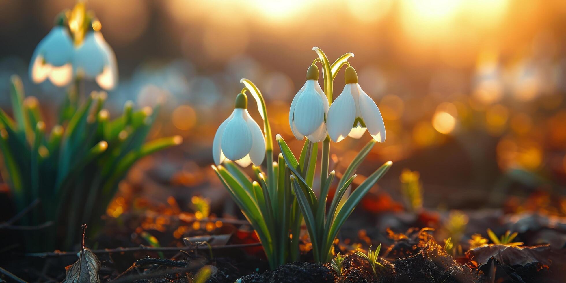 Snowdrops bloom in a sunlit garden during early spring, signaling the end of winters chill photo