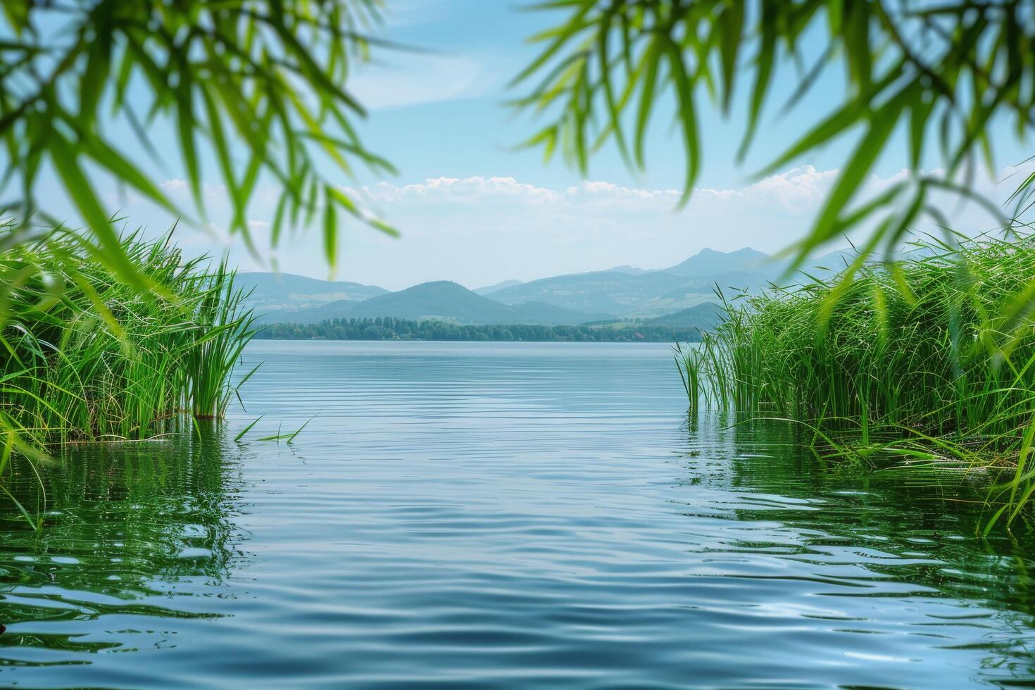 Misty morning at a tranquil lake with lush greenery and still waters in a serene landscape photo