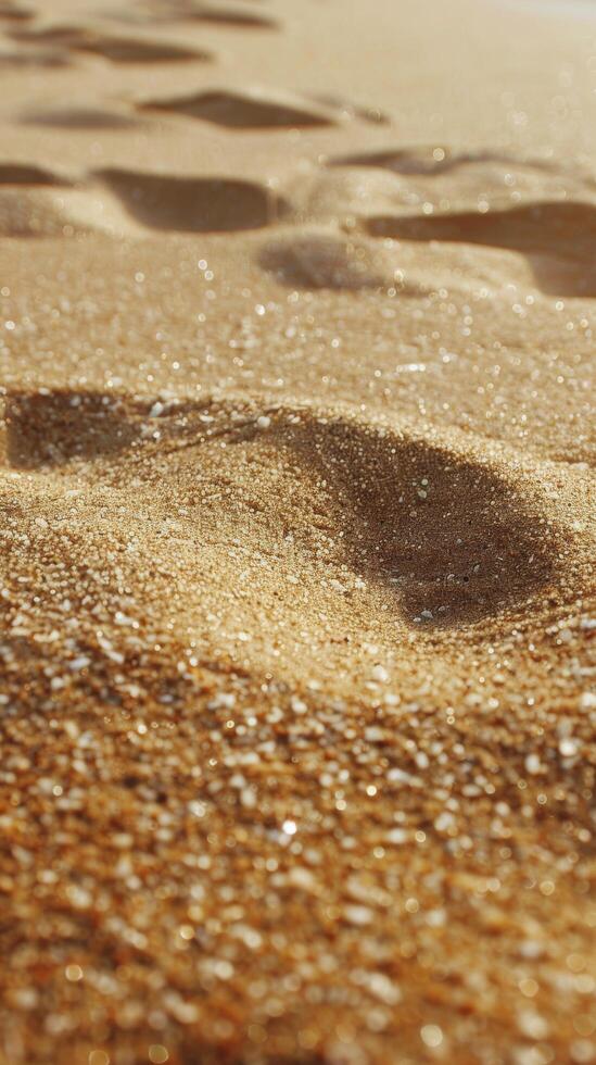 Footprints in golden sand at a tranquil beach during a sunny afternoon photo
