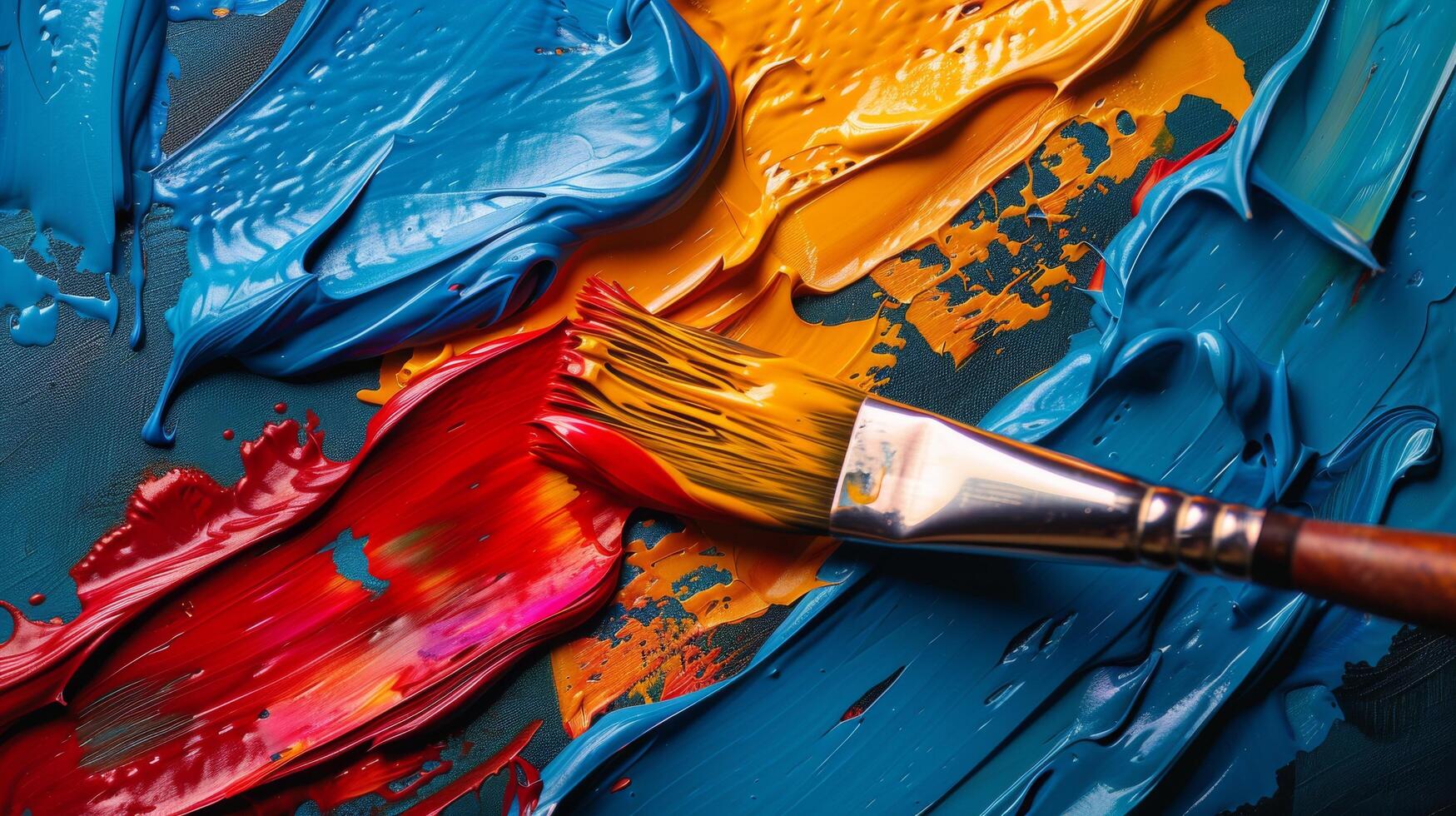 Vibrant abstract paint strokes in warm and cool colors create an artistic texture on canvas photo