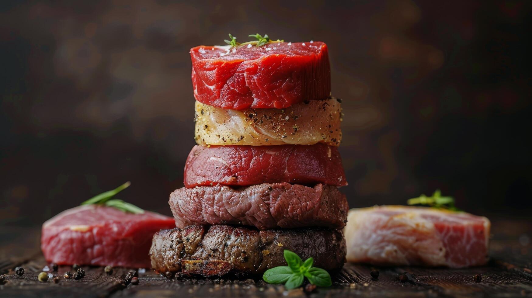 Juicy cuts of meat stacked with slices of citrus on a dark background ready for grilling photo