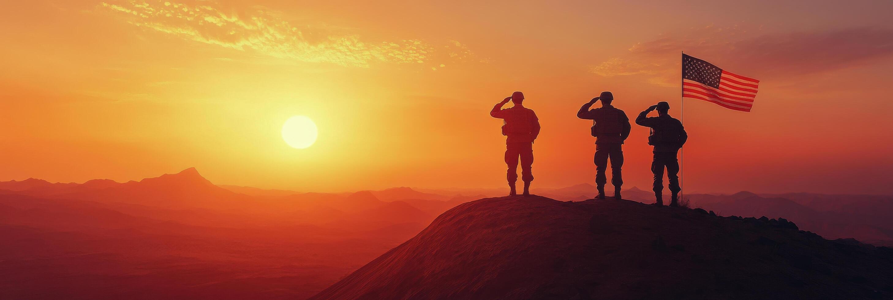 Three soldiers stand on a hillside, saluting while holding an American flag during a stunning sunset photo