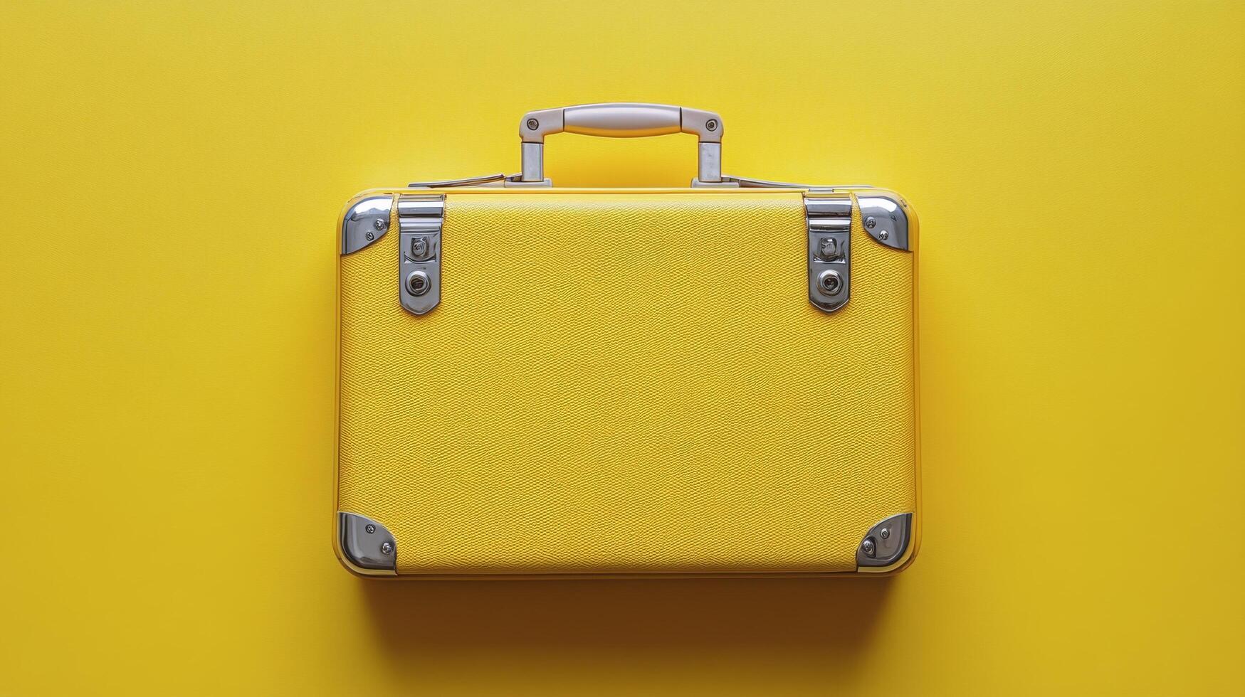 A vibrant yellow suitcase on a bright yellow background suitable for travel and adventure photo