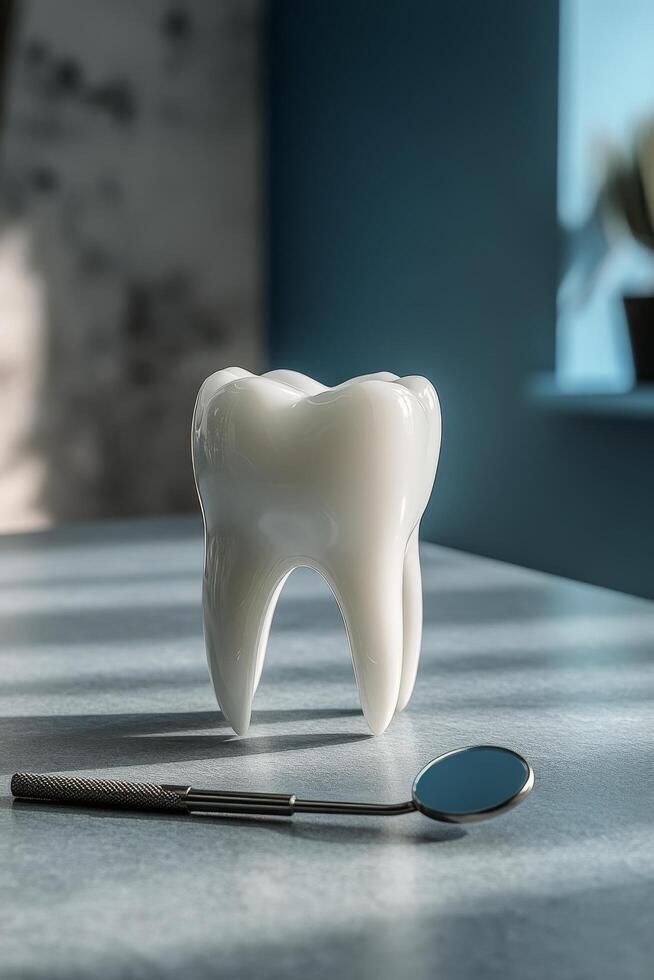Large dental tooth model with a dental mirror on a blue table in a well lit room photo