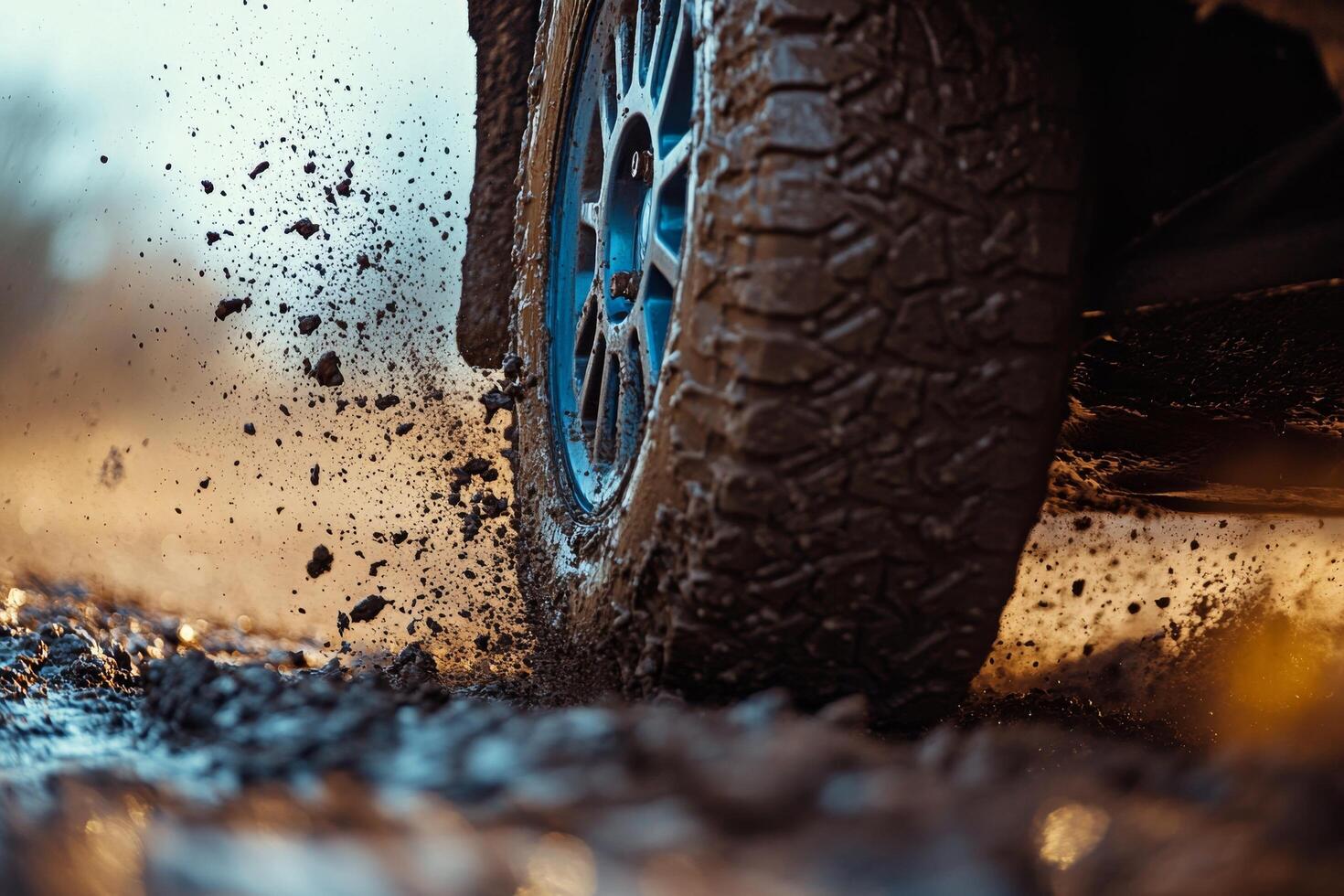Off road vehicle kicks up mud while navigating a rugged trail in an outdoor adventure setting photo