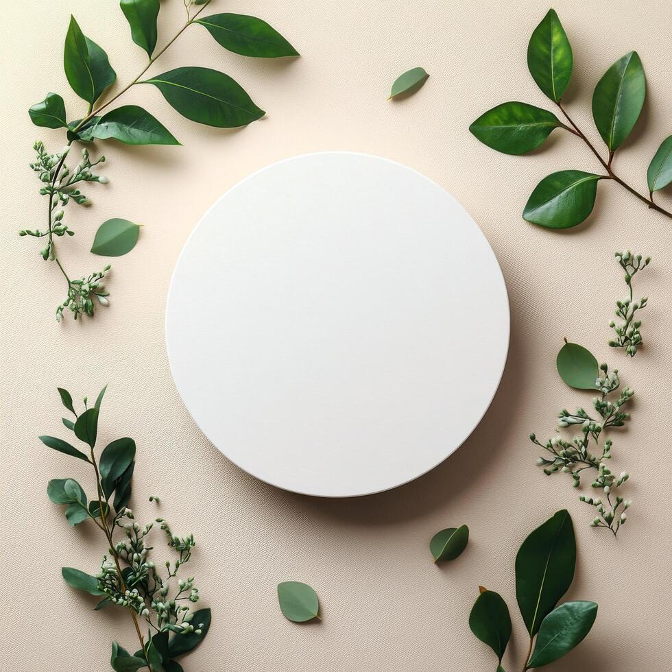 A round white plate surrounded by various green leaves and shapes on a light background photo