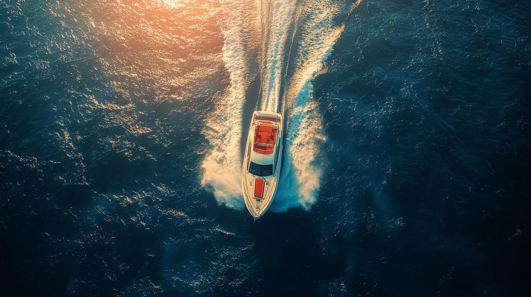 Bright orange motorboat cruising over deep blue waters during a sunny day at sea photo