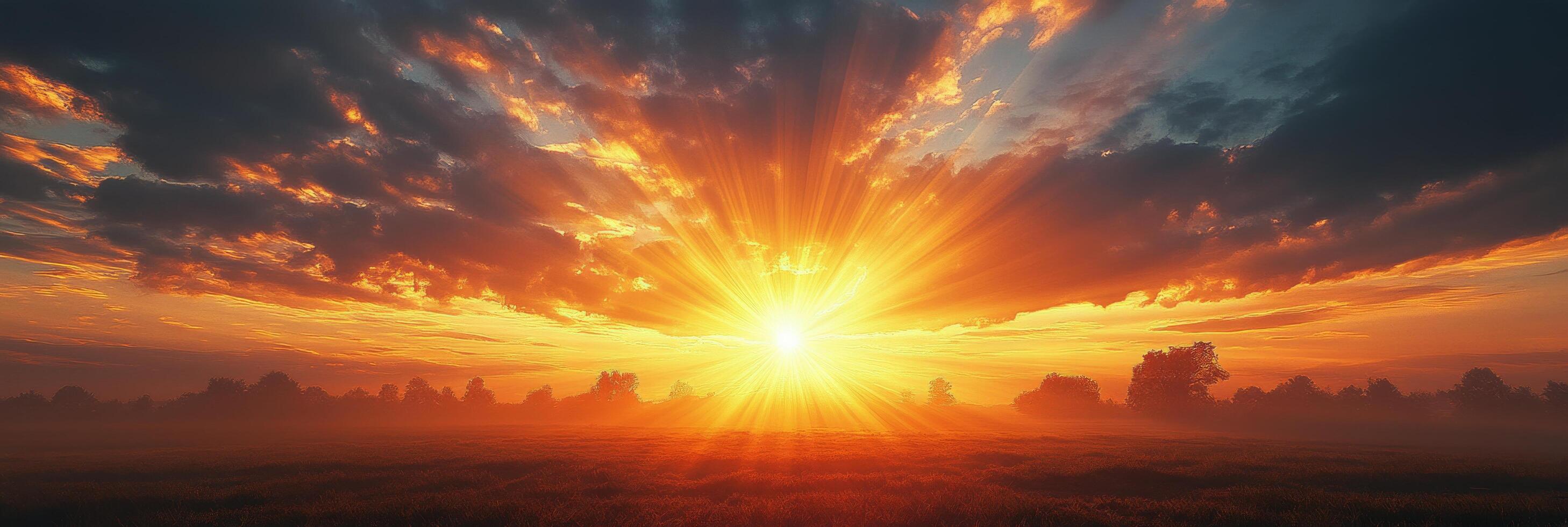 Golden sunrise illuminating the horizon over misty fields at dawn in a tranquil rural landscape photo