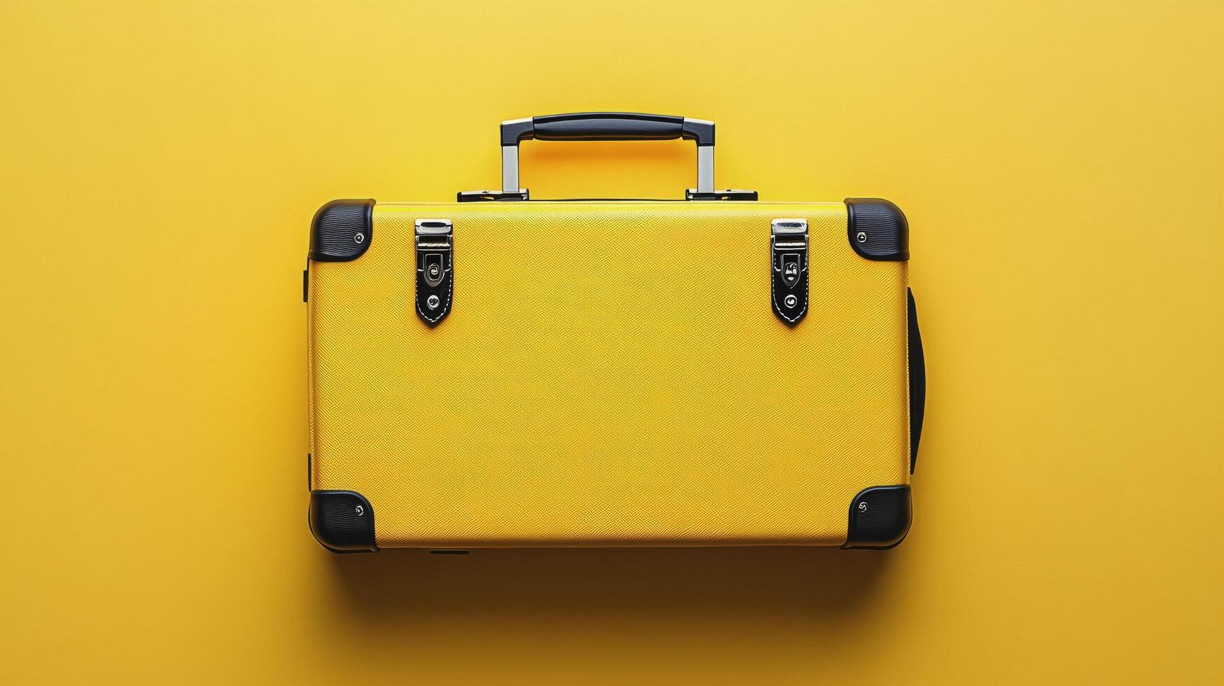 A vibrant yellow suitcase on a bright yellow background suitable for travel and adventure photo