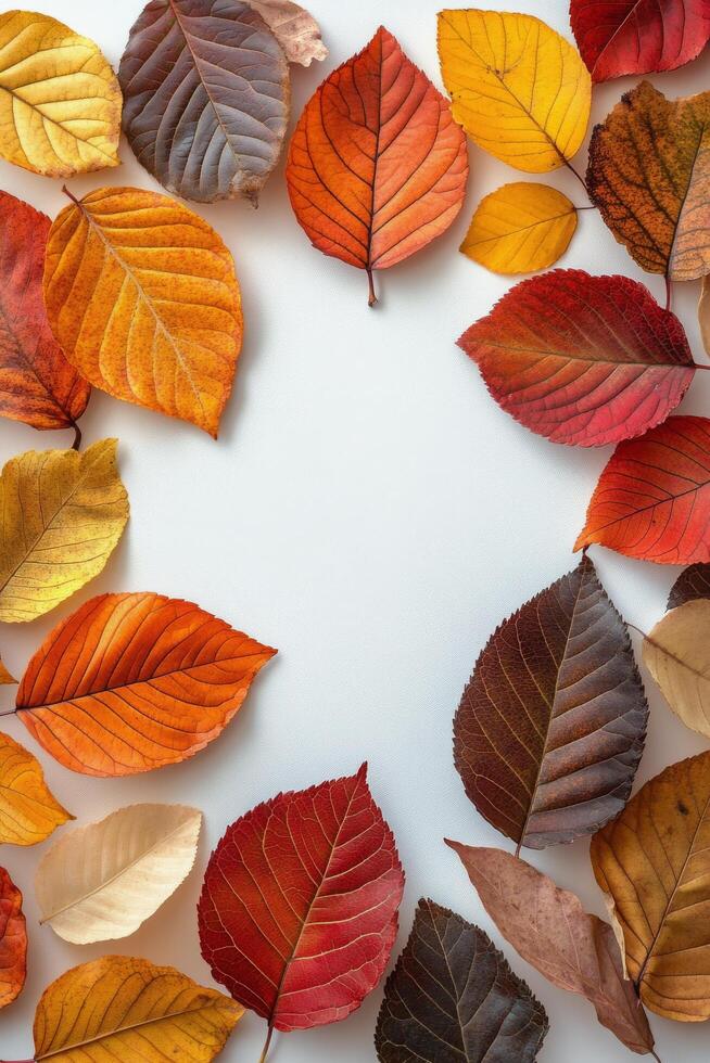 Colorful autumn leaves arranged in a circular pattern on a white background during fall season photo