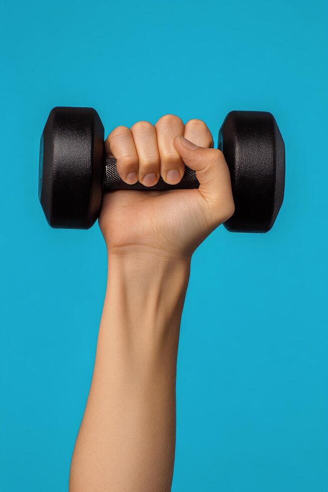 Strong hand lifting a dumbbell against a light blue background showcasing fitness and determination photo