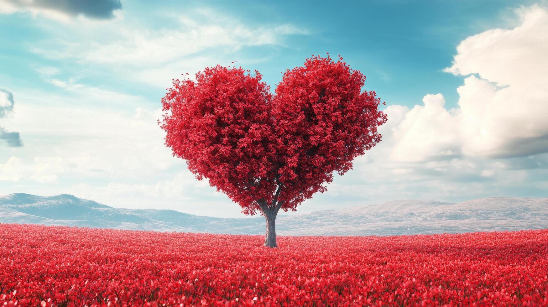 Red heart shaped tree in a vivid flower field under a bright sky during daylight photo