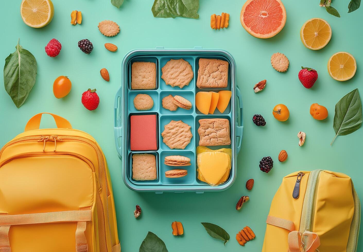 Colorful lunchbox filled with fruits and cookies surrounded by a cheerful yellow backpack photo