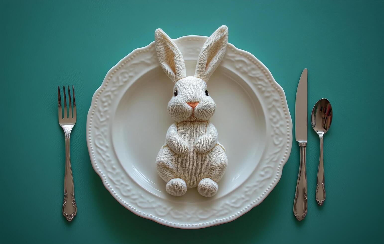 A decorative setting featuring a white rabbit sculpture on a green plate with eggs and utensils photo