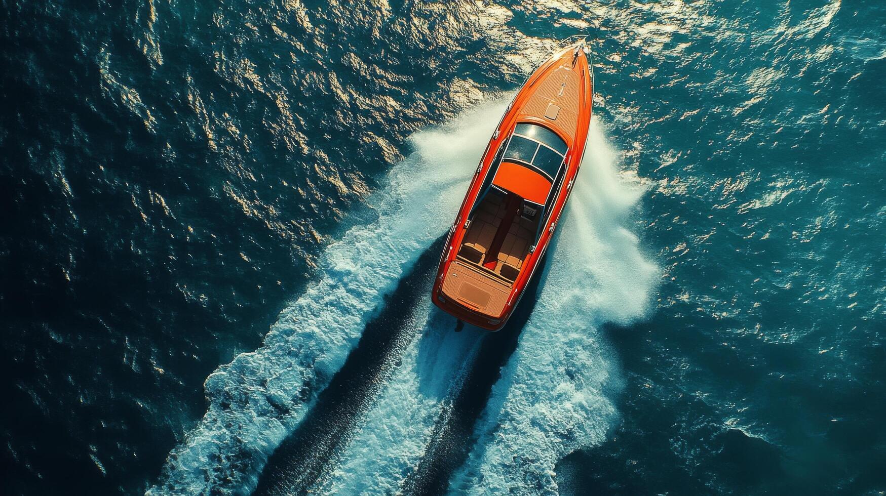 Bright orange motorboat cruising over deep blue waters during a sunny day at sea photo