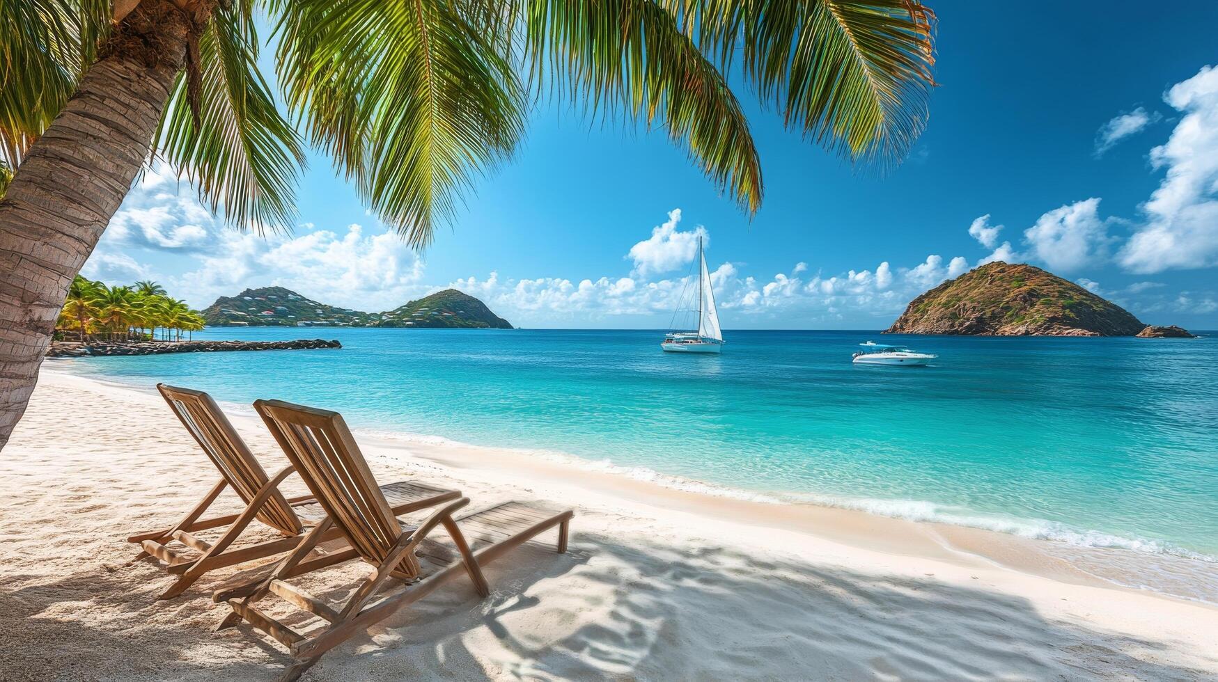 Relaxing on the beach with sailboat in view under a bright sky in a tropical paradise photo