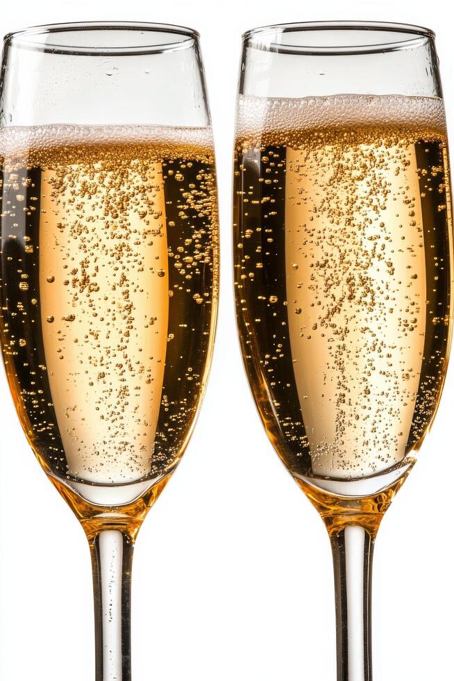 Two elegant champagne flutes filled with sparkling wine on a white background photo