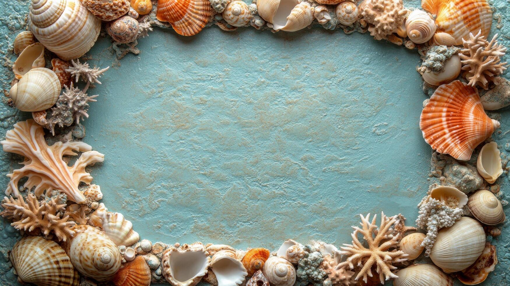 Decorative arrangement of seashells and coral on a textured background showcasing ocean life photo