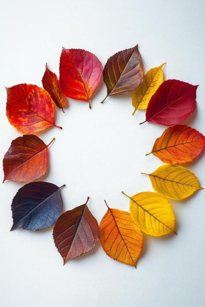 Colorful autumn leaves arranged in a circular pattern on a white background during fall season photo