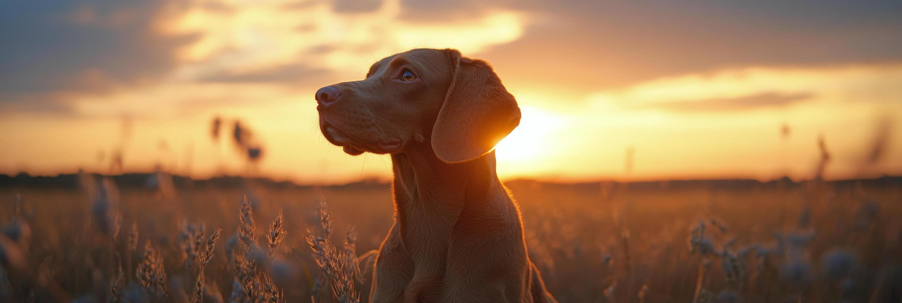 A dog enjoying a peaceful sunset in an open field during late afternoon hours photo