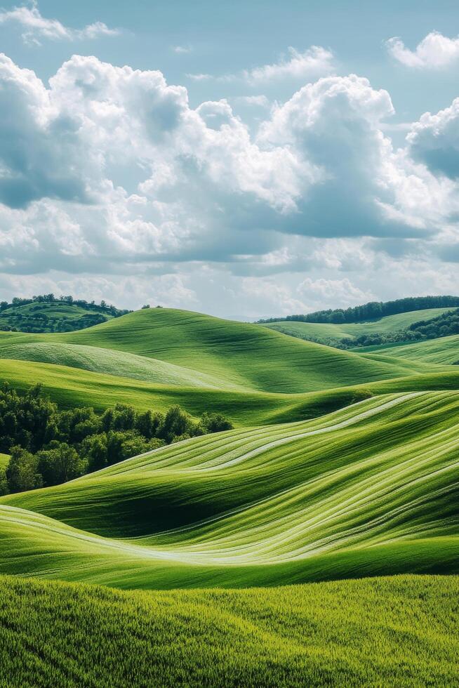Lush green rolling hills under a partially cloudy sky in a serene landscape during midday photo