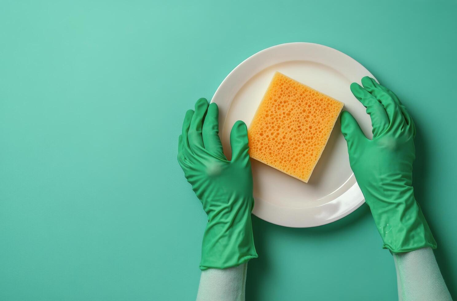 Hands in green gloves placing a bright yellow sponge on a white plate against a green background photo