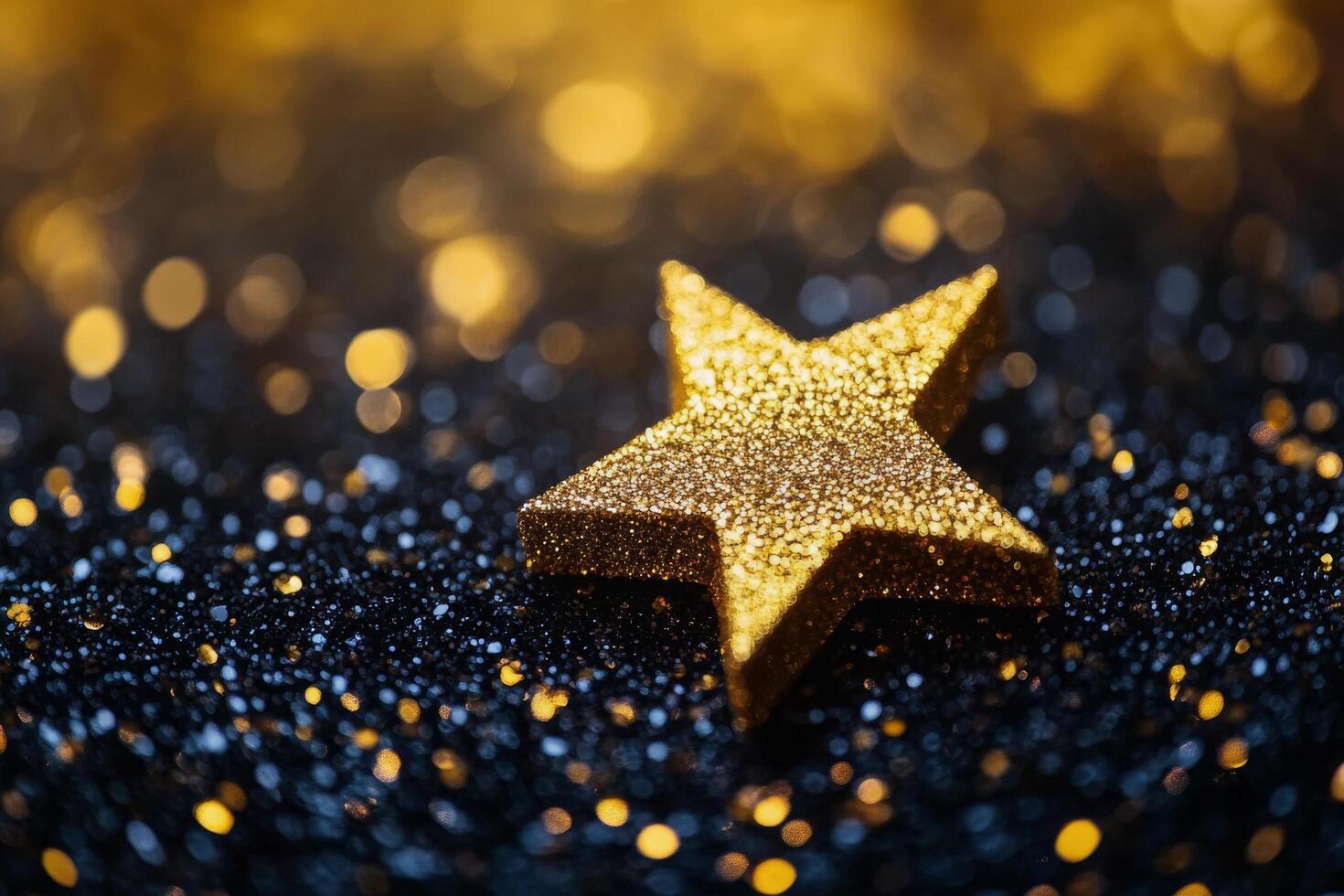 Golden star resting on a bed of sparkling black glitter in a festive setting during the evening photo