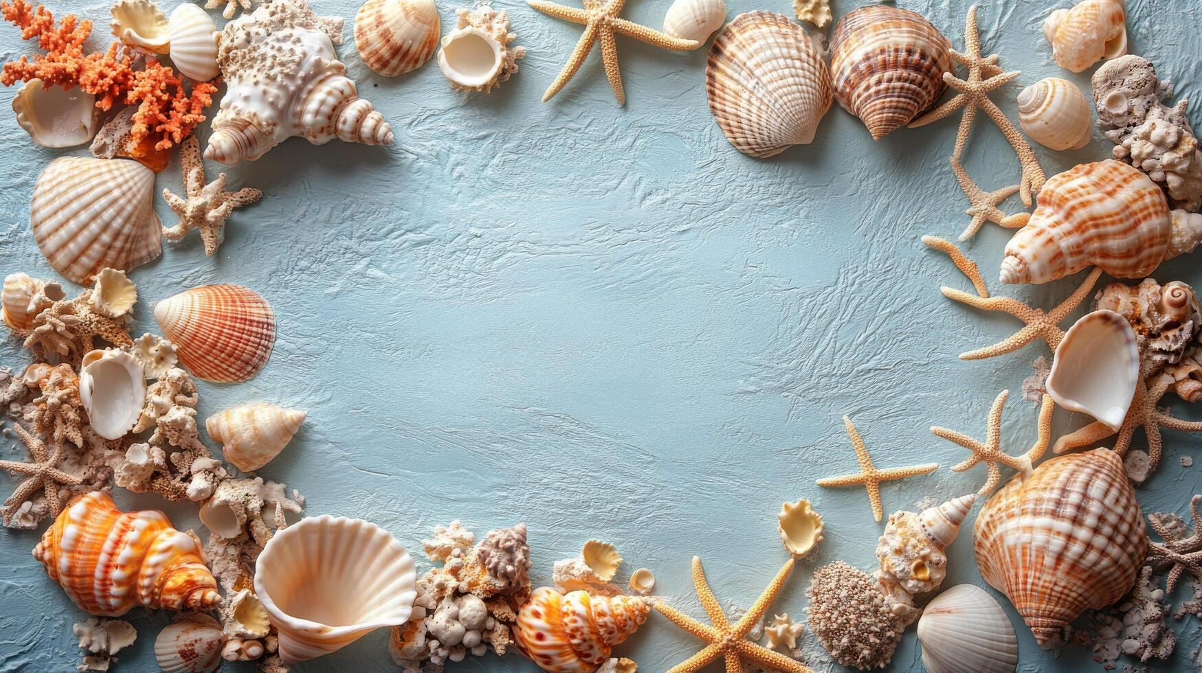 Decorative arrangement of seashells and coral on a textured background showcasing ocean life photo