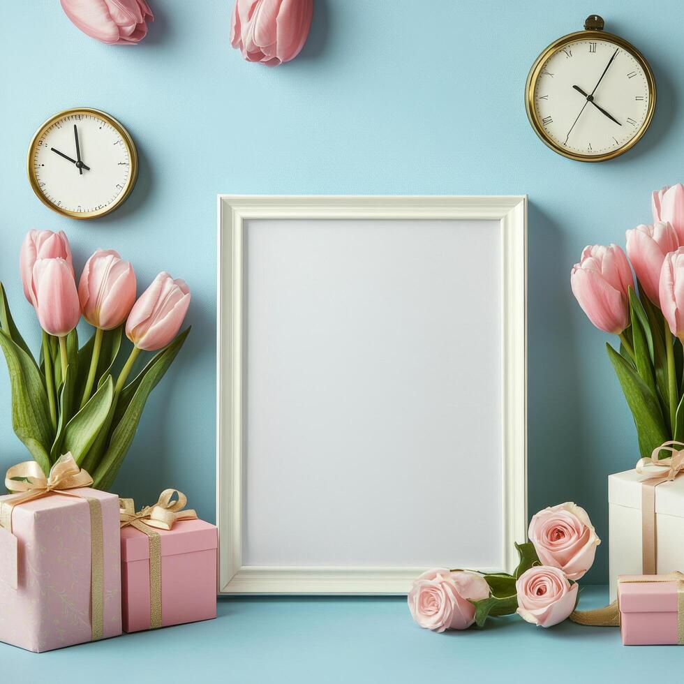 Elegant display of pink tulips, gifts, and a clock on a pastel backdrop during daytime photo