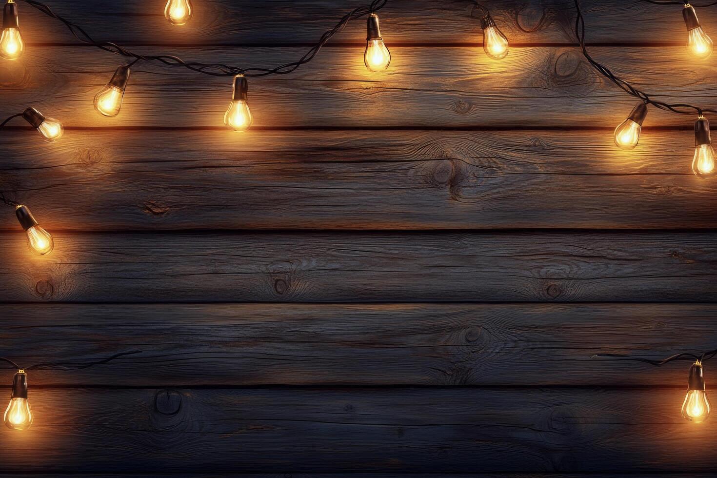 Warm string lights illuminate a rustic wooden wall in a cozy indoor setting at night photo