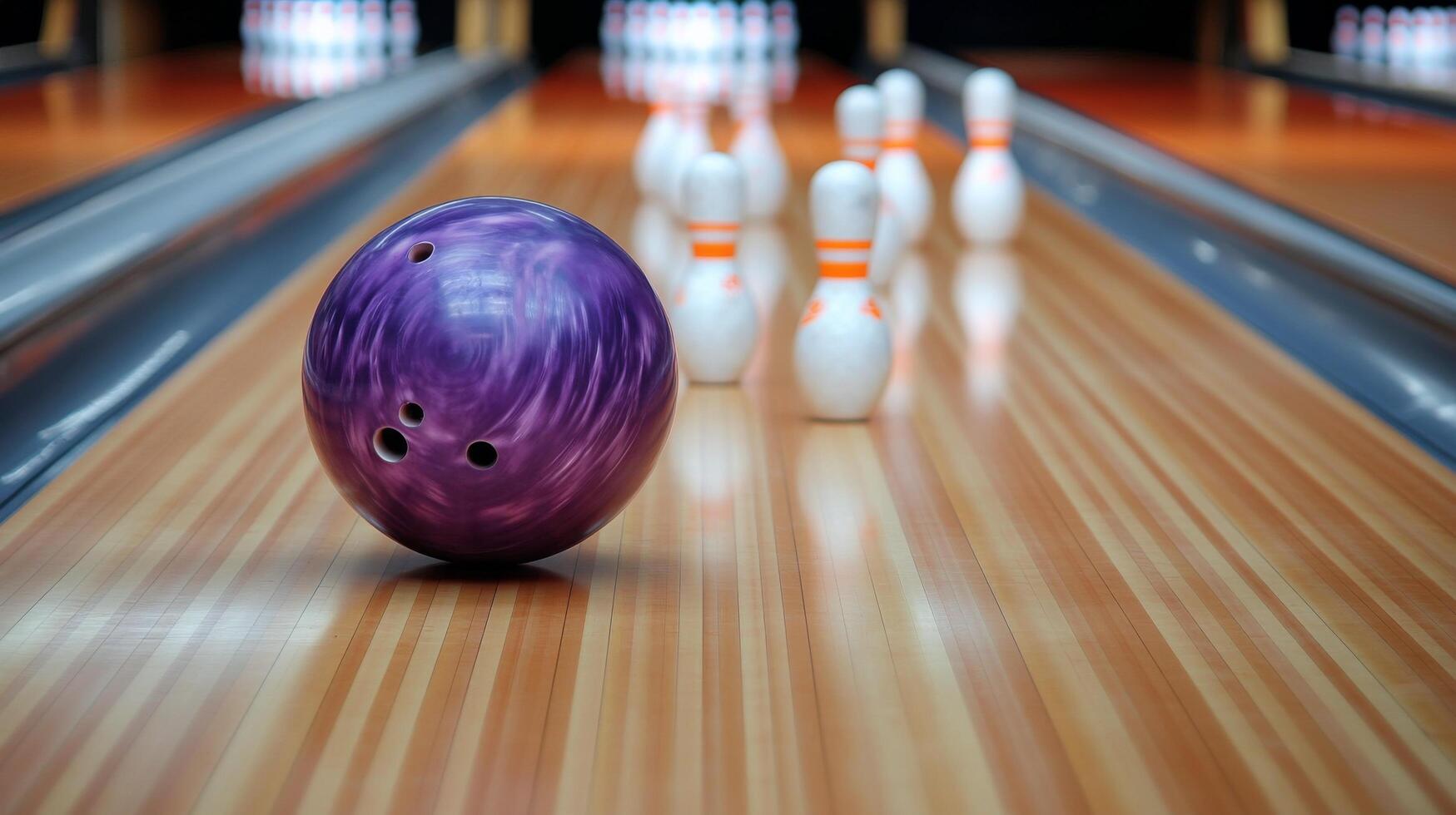 Purple bowling ball rolling down lane with pins in background at bowling alley during evening hours photo