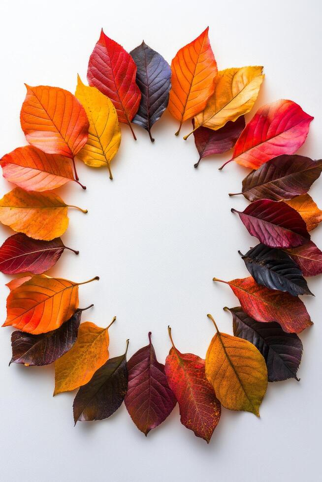 Colorful autumn leaves arranged in a circular pattern on a white background during fall season photo
