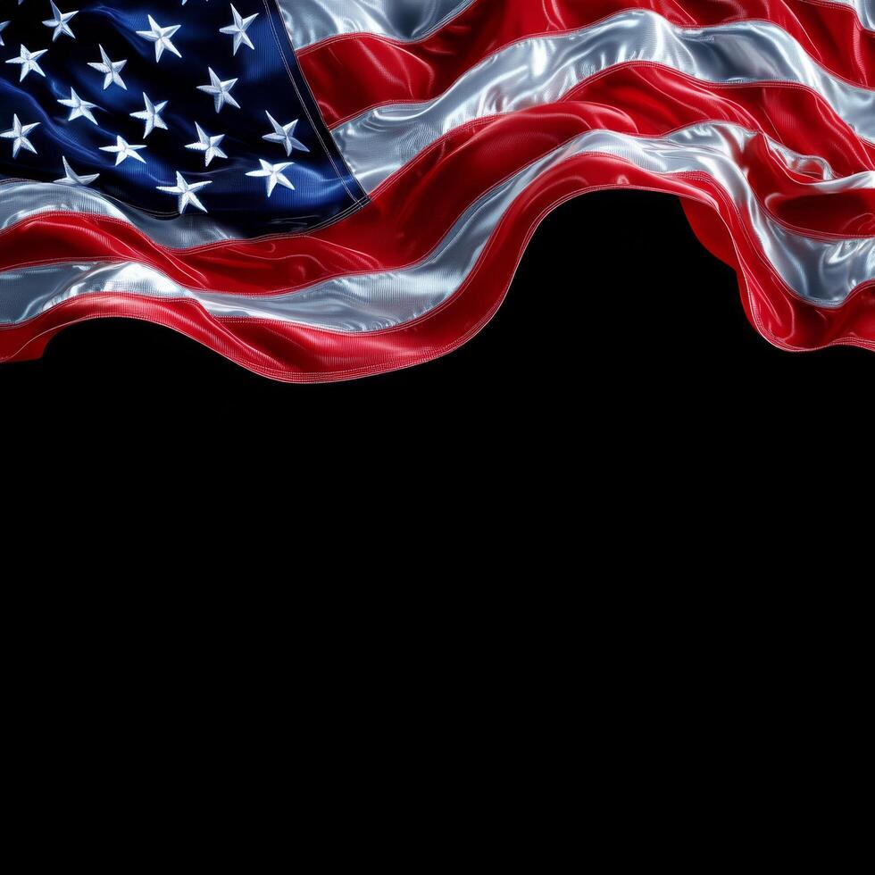 Worn American flag with visible textures against a dark background in a reflective display photo