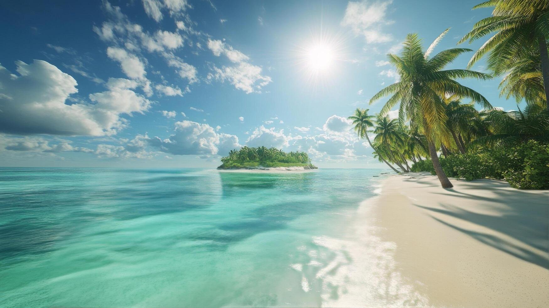 Serene tropical beach with clear turquoise water and swaying palm trees under bright sunlight photo