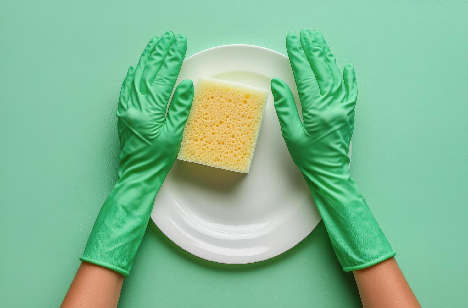 Hands in green gloves placing a bright yellow sponge on a white plate against a green background photo