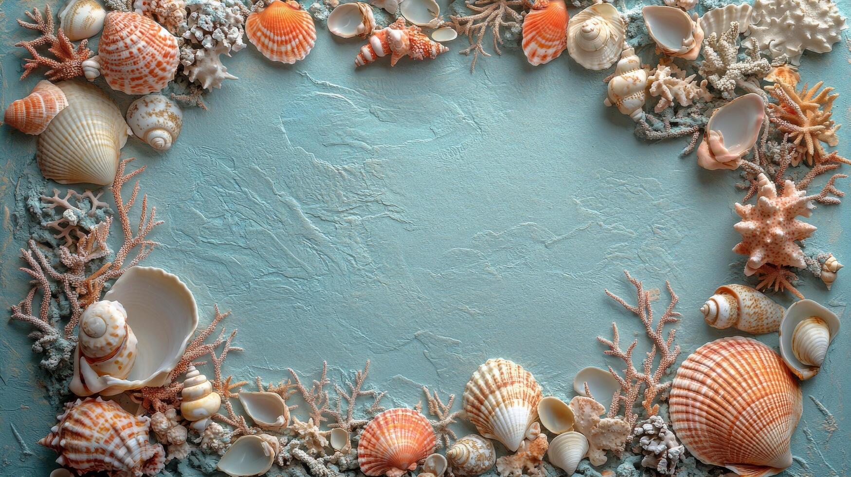 Decorative arrangement of seashells and coral on a textured background showcasing ocean life photo
