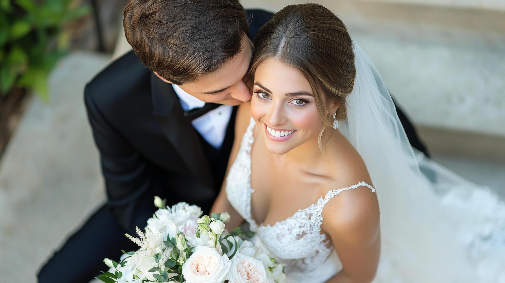A joyful bride and groom share a tender moment outdoors during their wedding ceremony photo