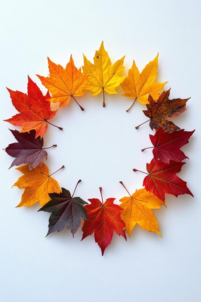 Colorful autumn leaves arranged in a circular pattern on a white background during fall season photo